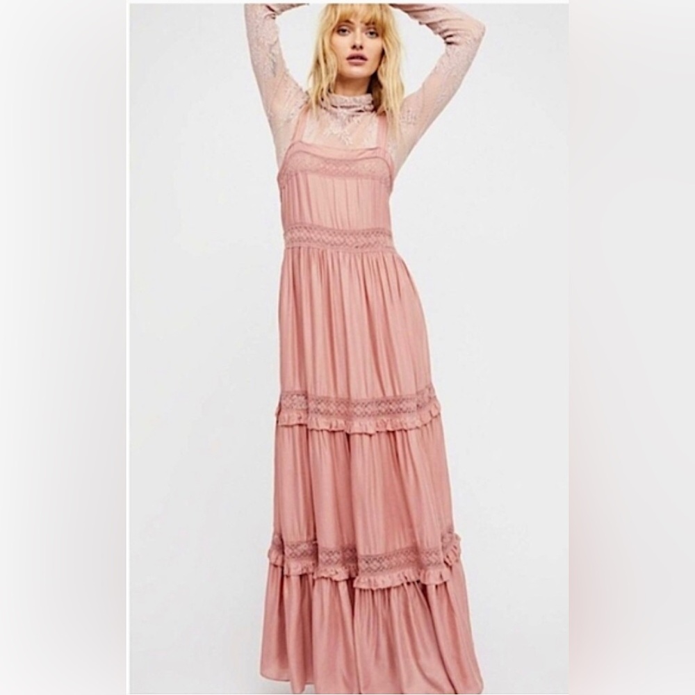 FREE PEOPLE SIMPLY PEASANT LACE TIERED MAXI DRESS DUSTY ROSE XS
